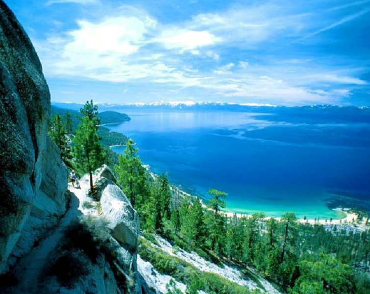 Lake Tahoe from the surrounding Sierra Nevada mountains.